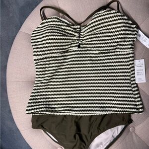 Brand New Cupshe Olive Green and White Striped Tankini suit
